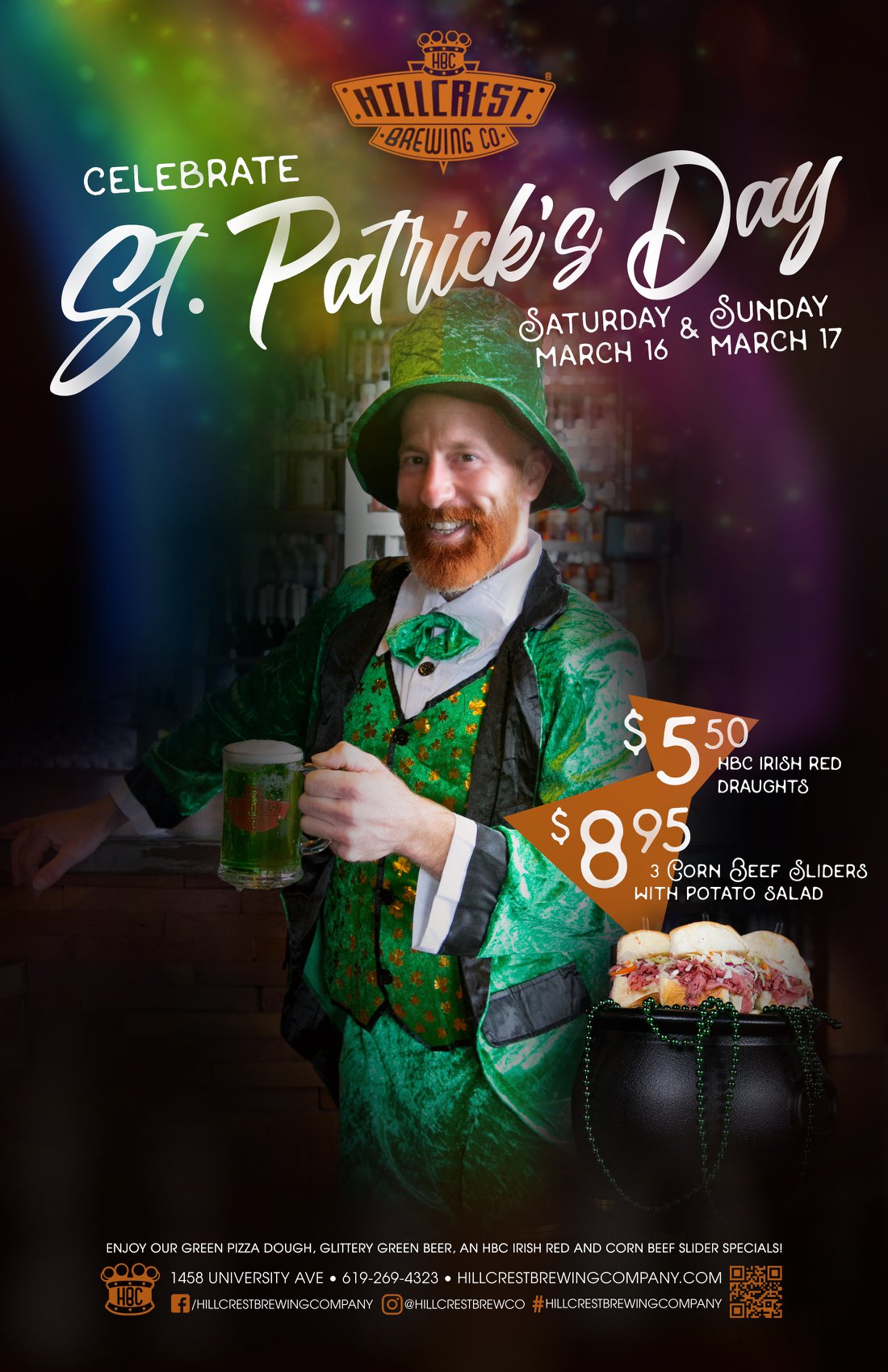green beer, glitter beer, irish ale, pizza, sliders, st patty's